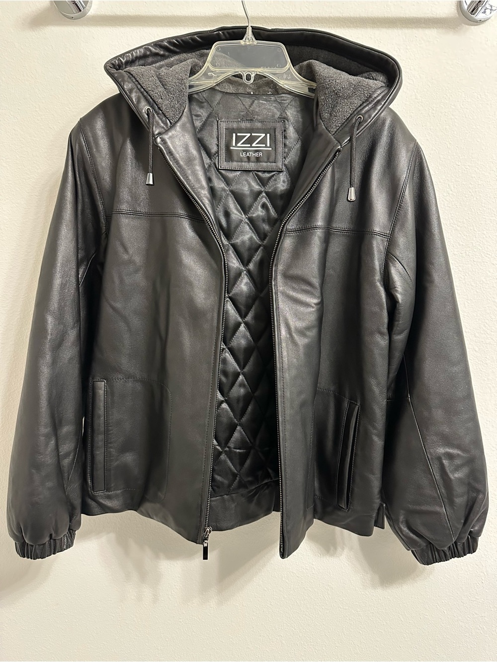 IZZI Black Genuine Leather Hooded Jacket with warm quilted lining size S